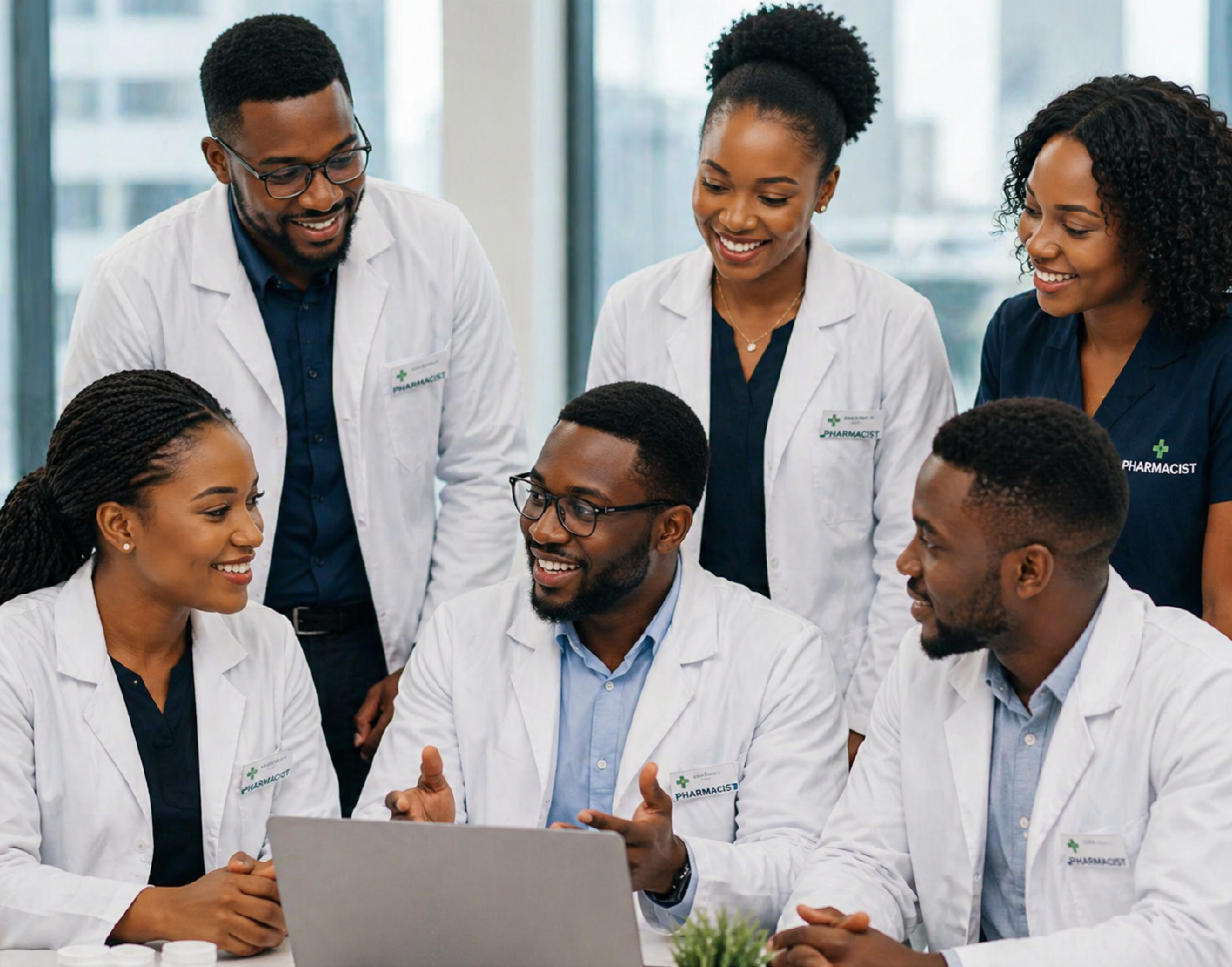 Healthcare professionals discussing in a modern setting.